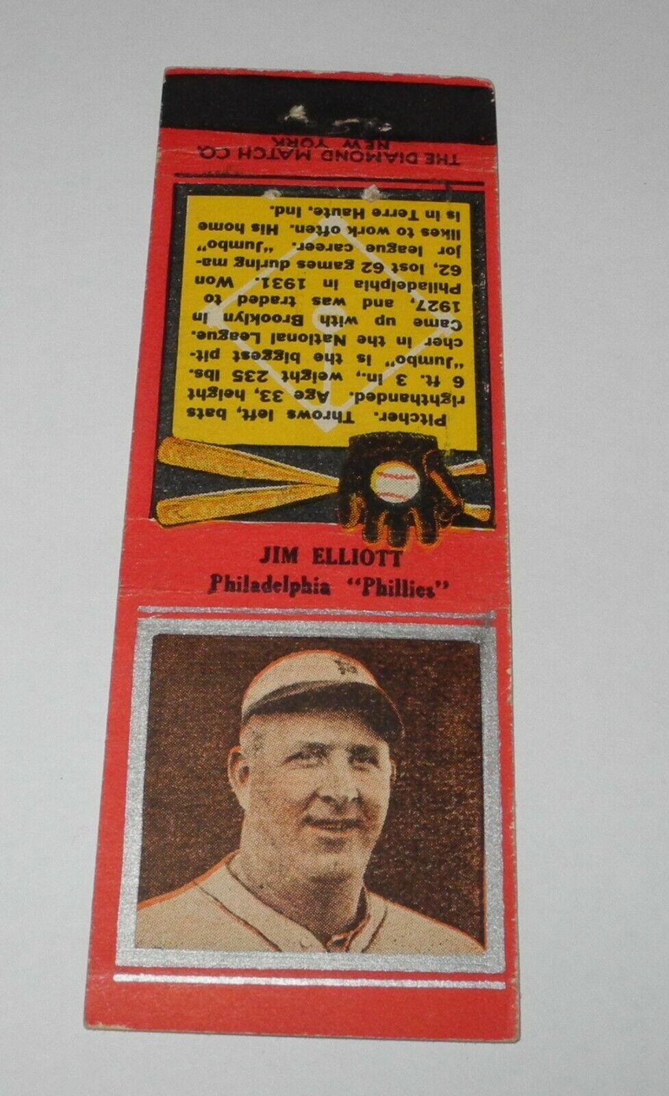 1934 Diamond Matchbook Baseball Silver Border Jim Elliott Philadelphia Phillies