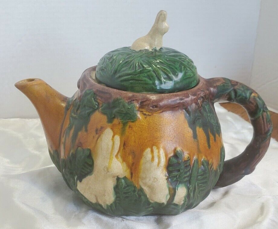 Vintage Art Nouveau Majolica Style Pottery or Stoneware Rabbit Bunny Teapot