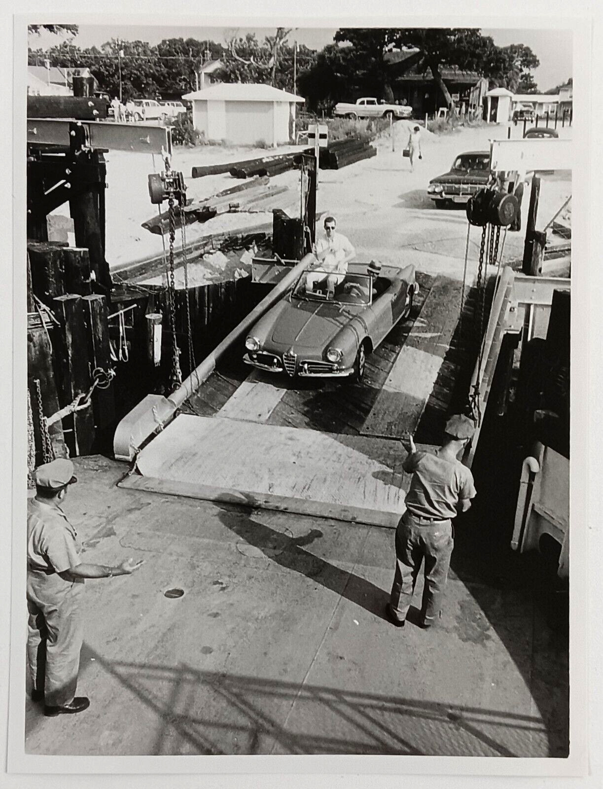 1950s Ferry Boat Loading Convertible Car Auto Beach Vintage Press Photo