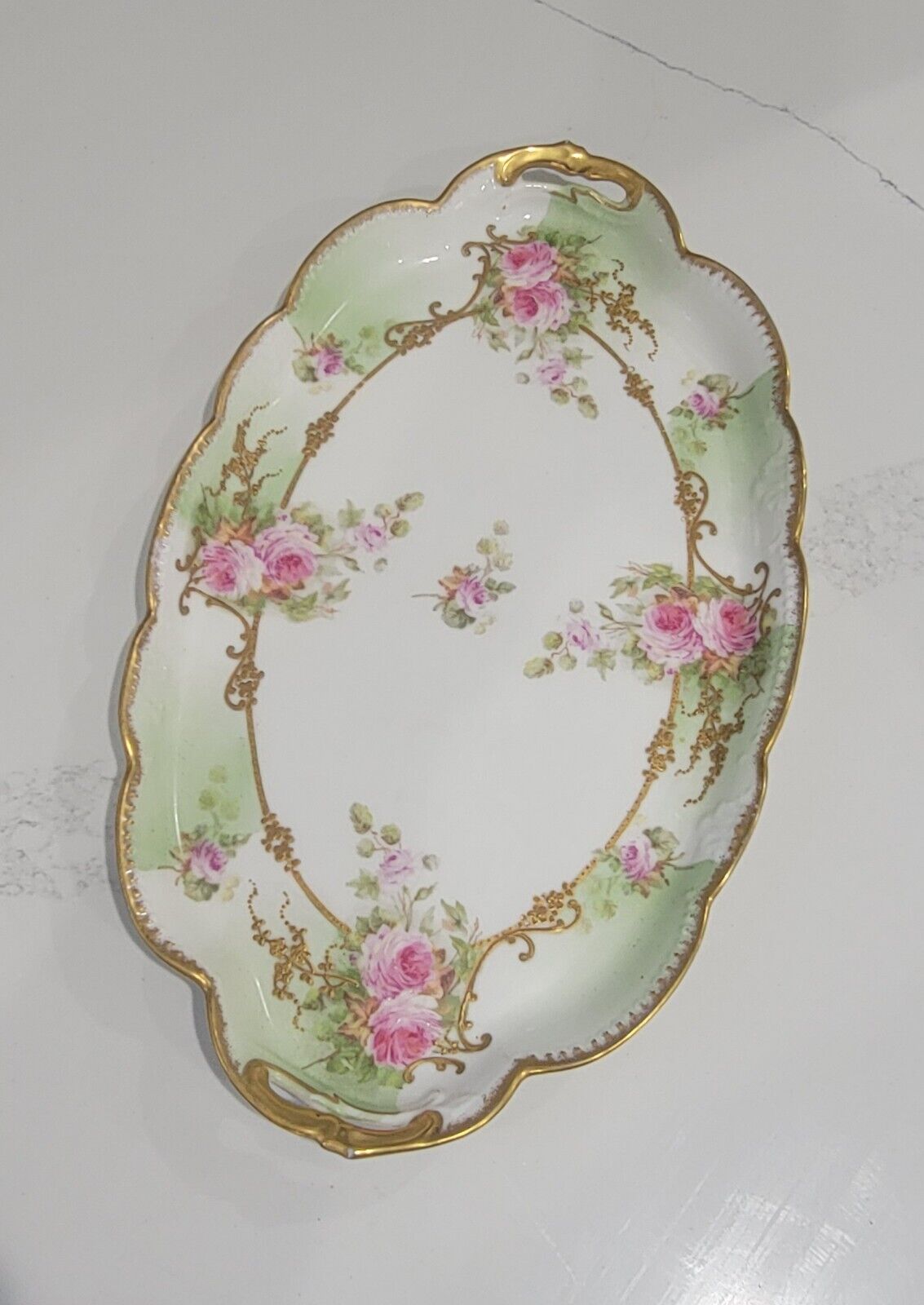 Antique Limoges France Floral Scalloped Oval Porcelain Dish Vanity Tray