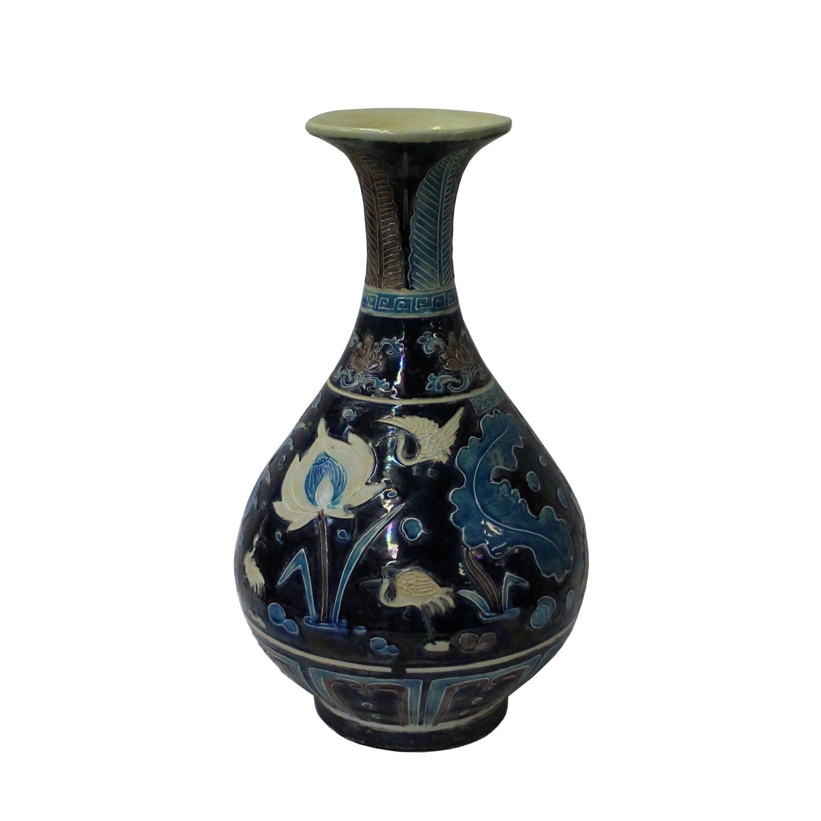 Handmade Ceramic Navy Blue White Dimensional Flower Motif Vase cs4617
