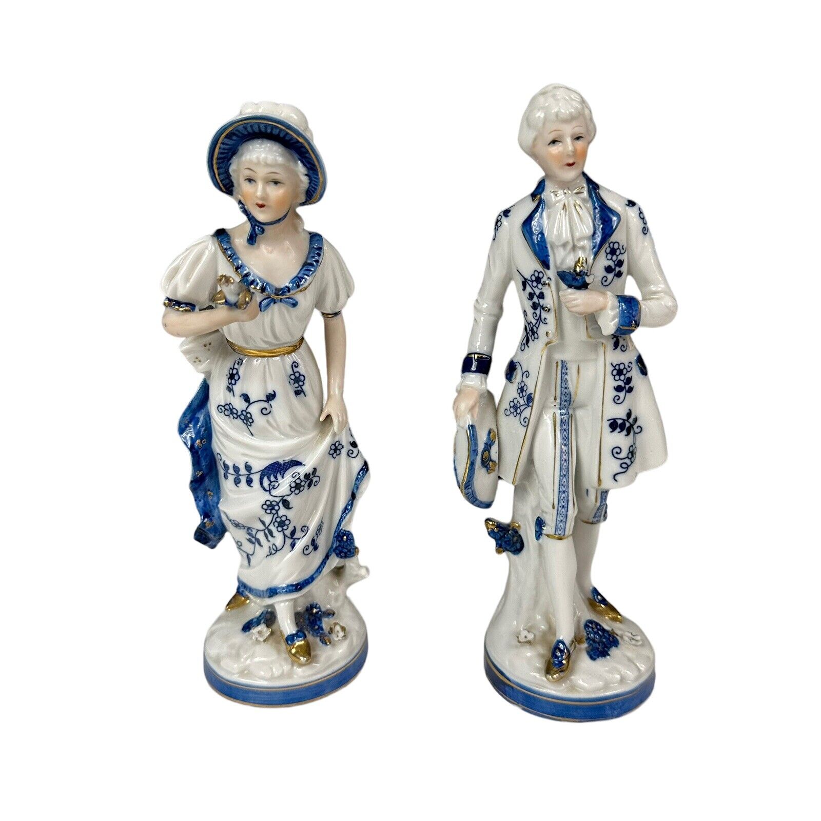 Vintage KPM Porcelain Victorian Lady And Man Cobalt Blue Gold Figure Set