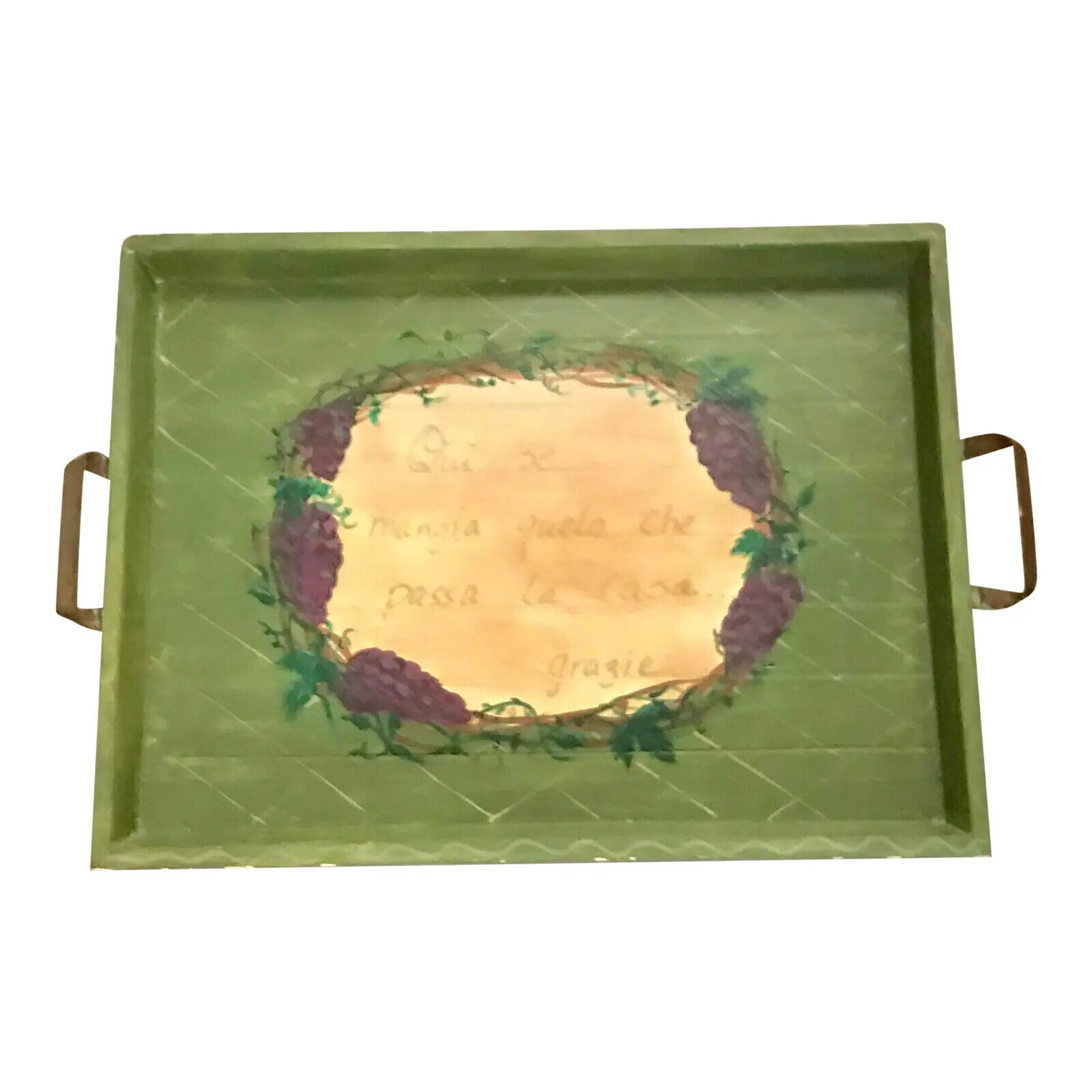 Vintage Italian Green Wooden Tray With Metal Handles