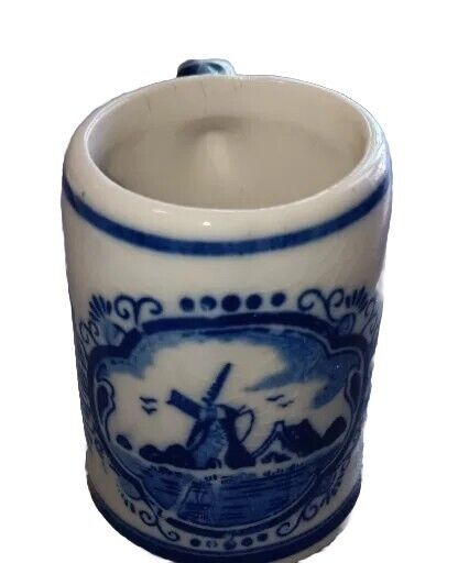 Delft Blue Holland Mini Stein Vintage Toothpick Holder Hand Painted Windmill