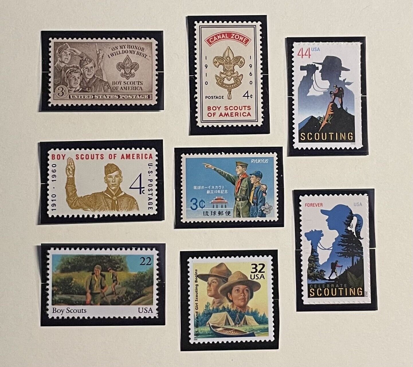 Scouts BSA Boy Scouts Set of 8 US Issued Scouting Stamps wMOUNTS Gift Idea MINT