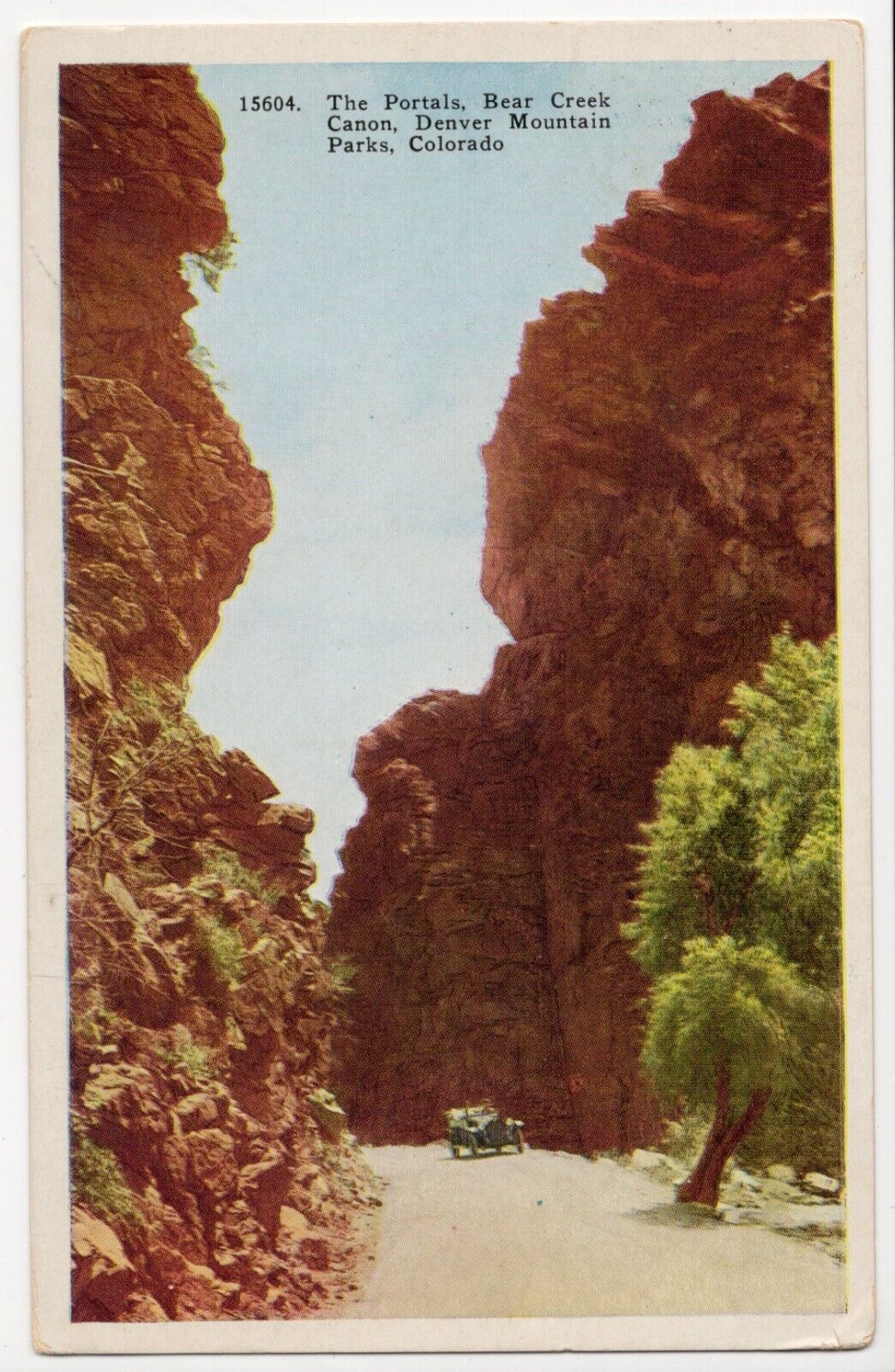 Bear Creek Canon, Denver Mountain Parks, Car Visible, Colorado, 1929 Postcard