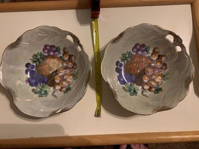 Set of TWO Vtg Porcelain Fruits Dish Hand Glazed with Decorative Rims - Marked