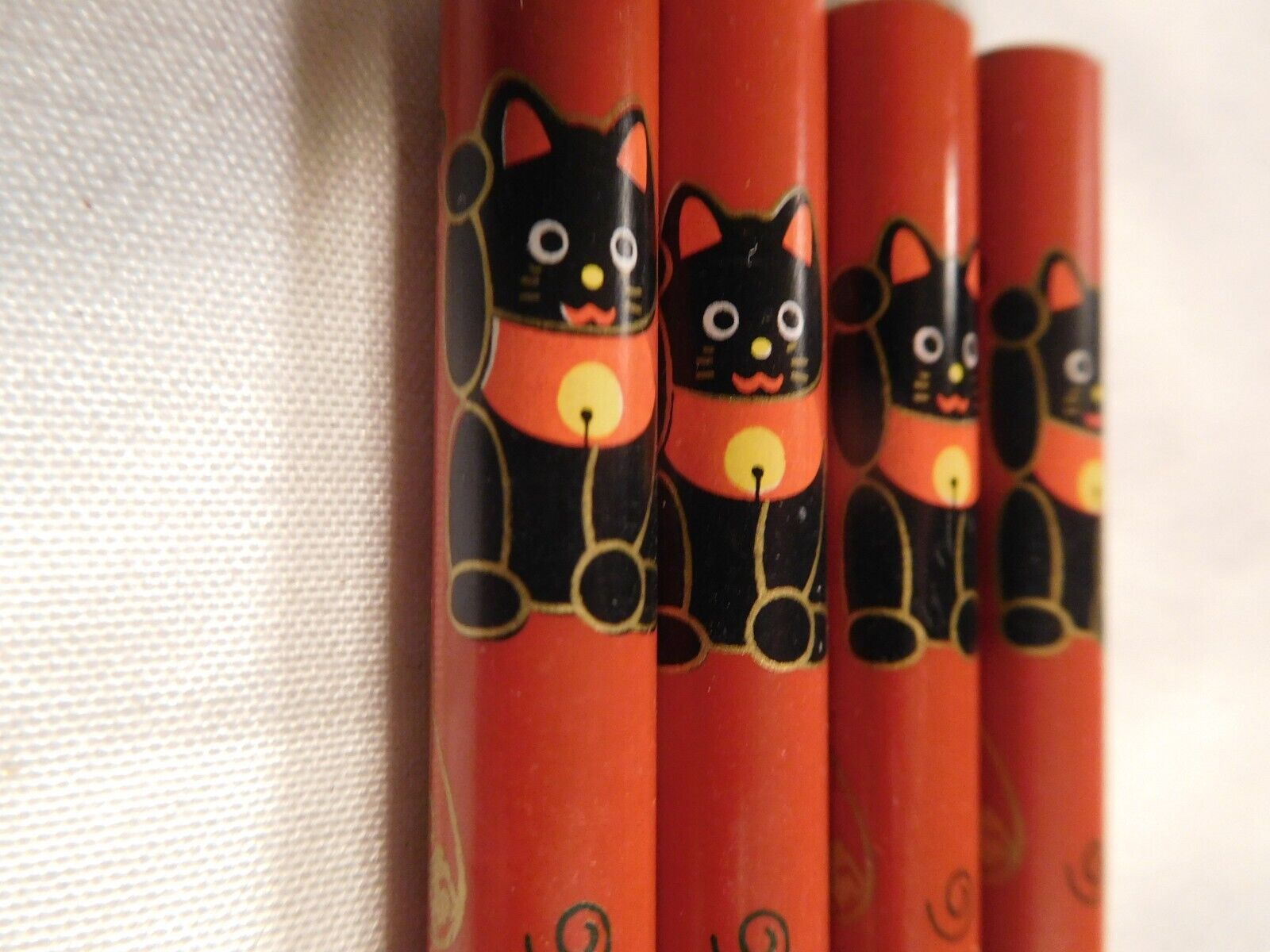 2 Pr. Vintage China / Japan Red Round Chopsticks Hand Painted Waving Cats Kittys