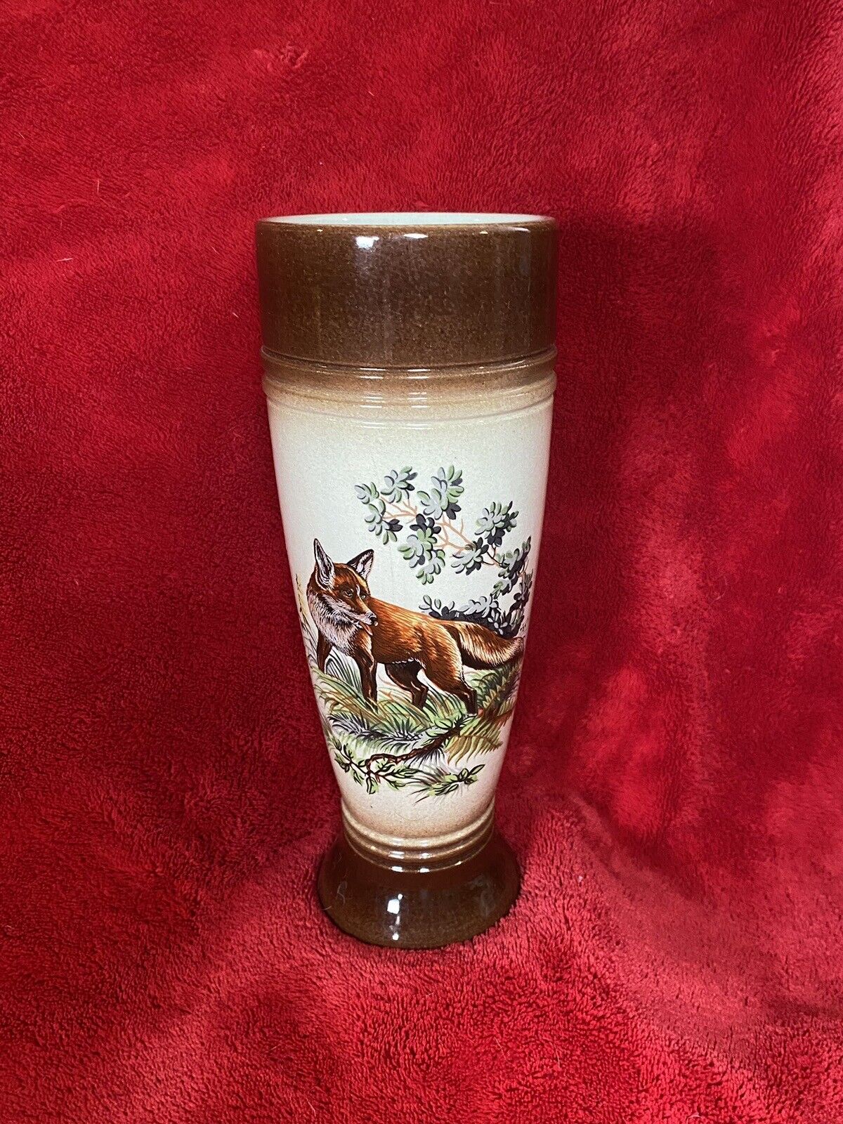 Vintage Thewalt West German Art Pottery Red Fox Pilsner Vase Cup Beer Mug Brown