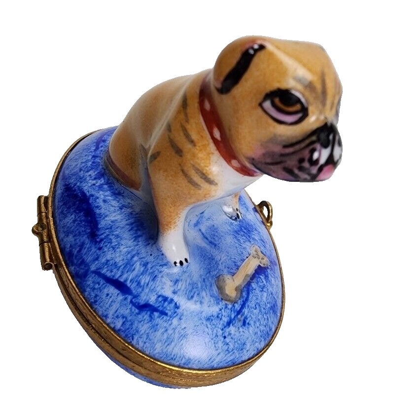 Limoges Porcelain Trinket Box Bulldog Bone Dog House Hand-Painted Signed French