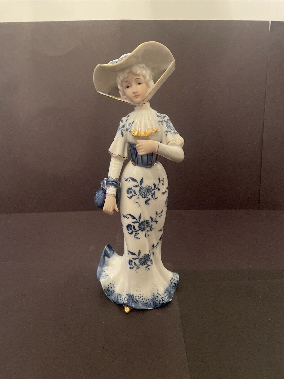 Vintage KPM Victorian Lady Hat & Handbag Porcelain 9” Tall Figurine Doll Statue