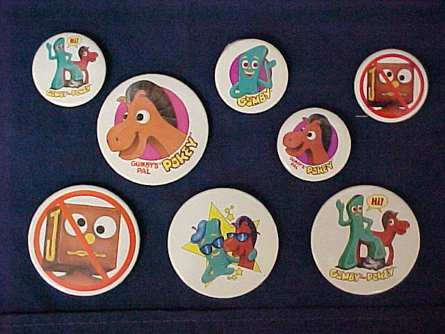 Vintage 1985 Gumby Pin Back Buttons Set of 8 New old Stock