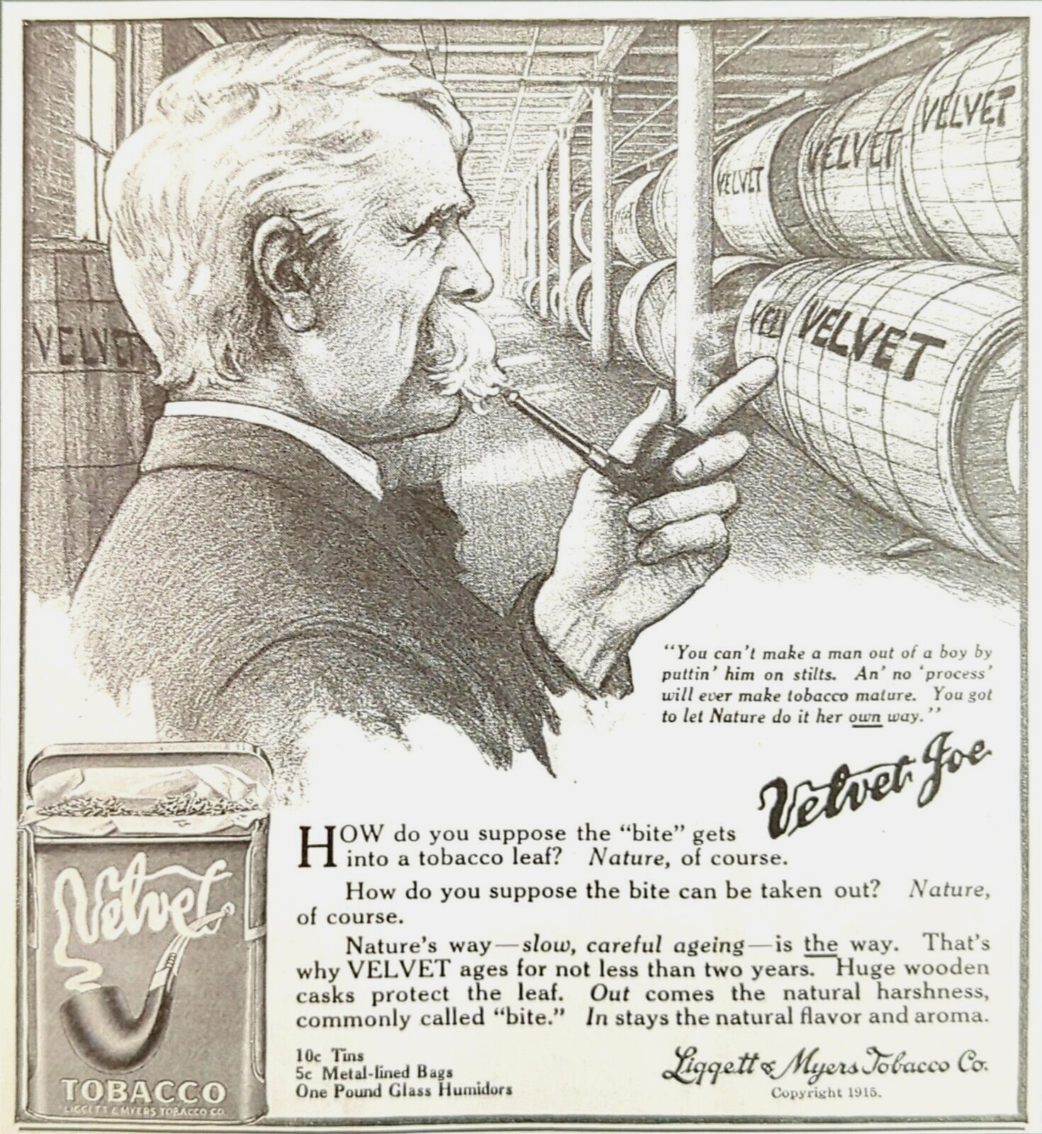 1916 Velvet Tobacco Liggett and Myers Aged Two Years Natural Flavor Print Ad 117