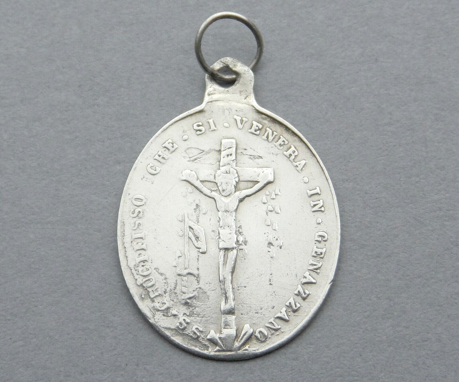 Crucified Christ. Cross, Virgin Mary & Jesus. Antique Religious Silver Pendant.