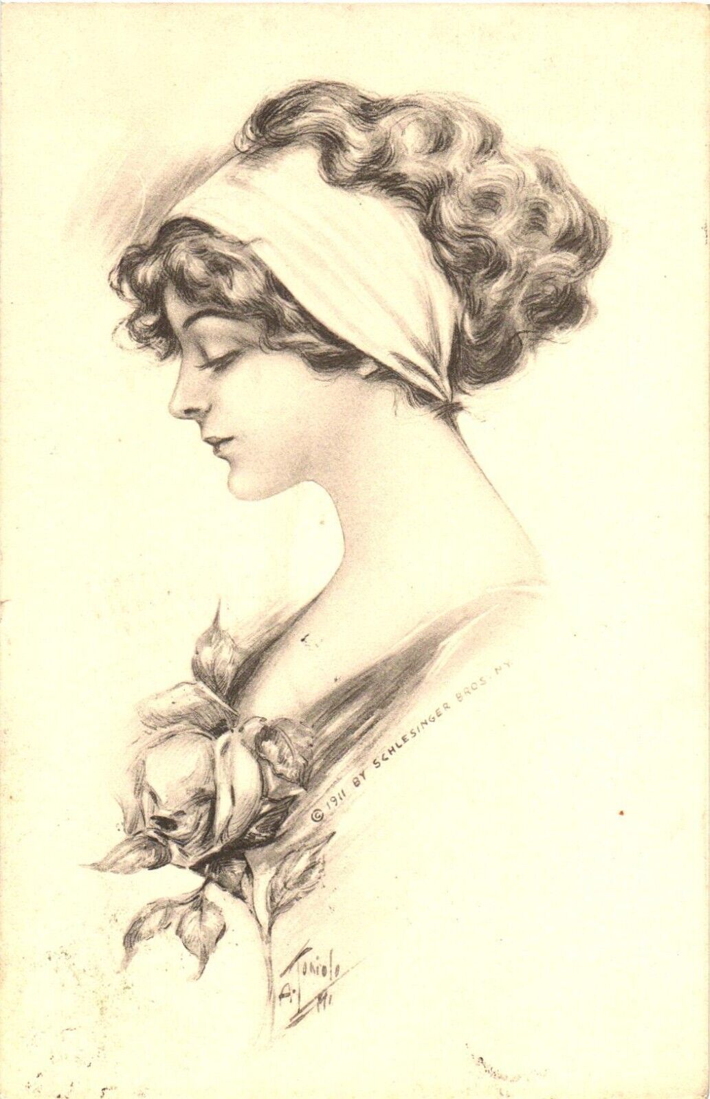 Beautiful Drawing of A Woman\'s Side Profile With Curly Hair Up, Art Postcard