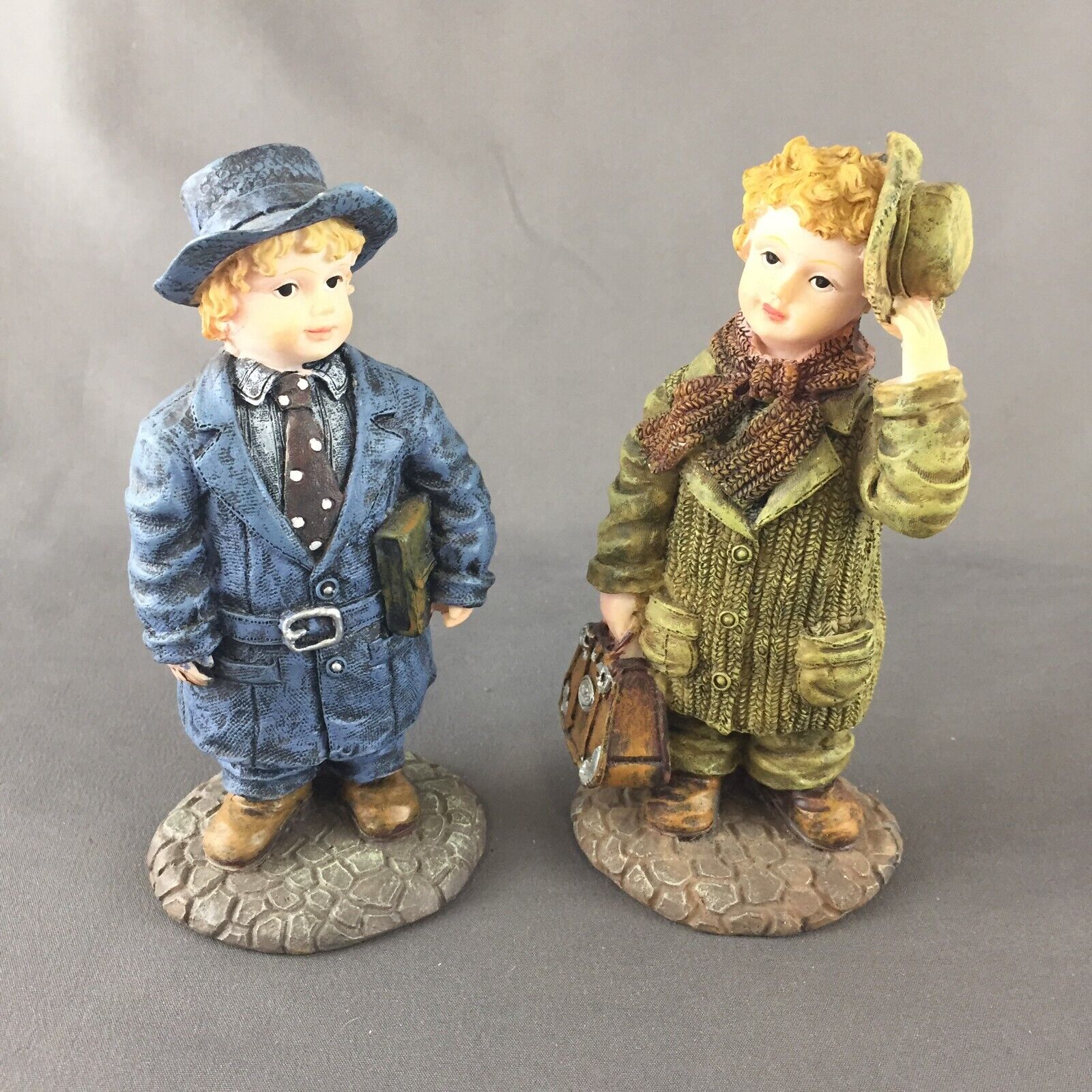 Vintage Pair of 2 Resin Figurines - Boys Dressed in Business Attire Blue & Green