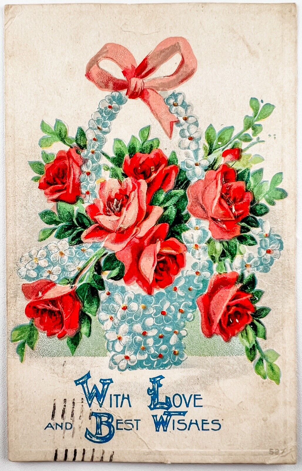 Antique Postcard PMK 1911 WITH LOVE & BEST WISHES Roses in Flower Basket