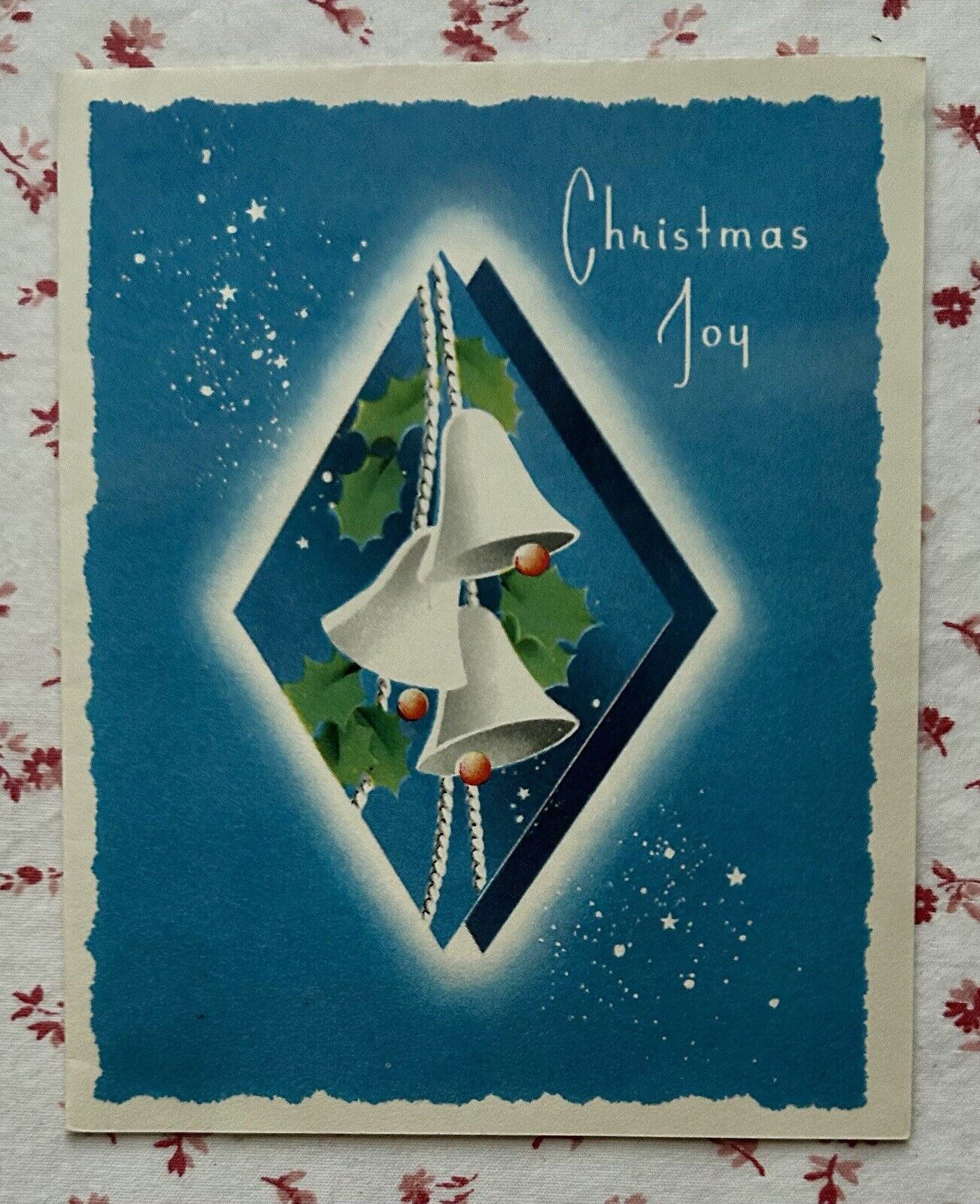 Vintage Mid Century “Christmas Joy” Silver Bells & Holly Blue Greeting Card