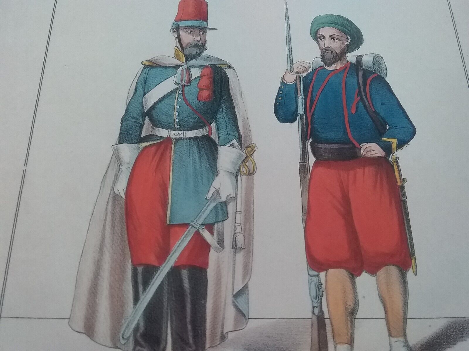 AUTHENTIC GERMAN MID 19TH CENTURY FRENCH ZOUAVE HAND COLORED MILITARY PRINT RARE