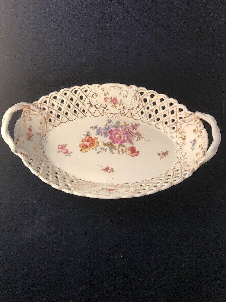 1800s Reticulated Porcelain Oval Bowl Basket Tyndale & Mitchell Import Germany