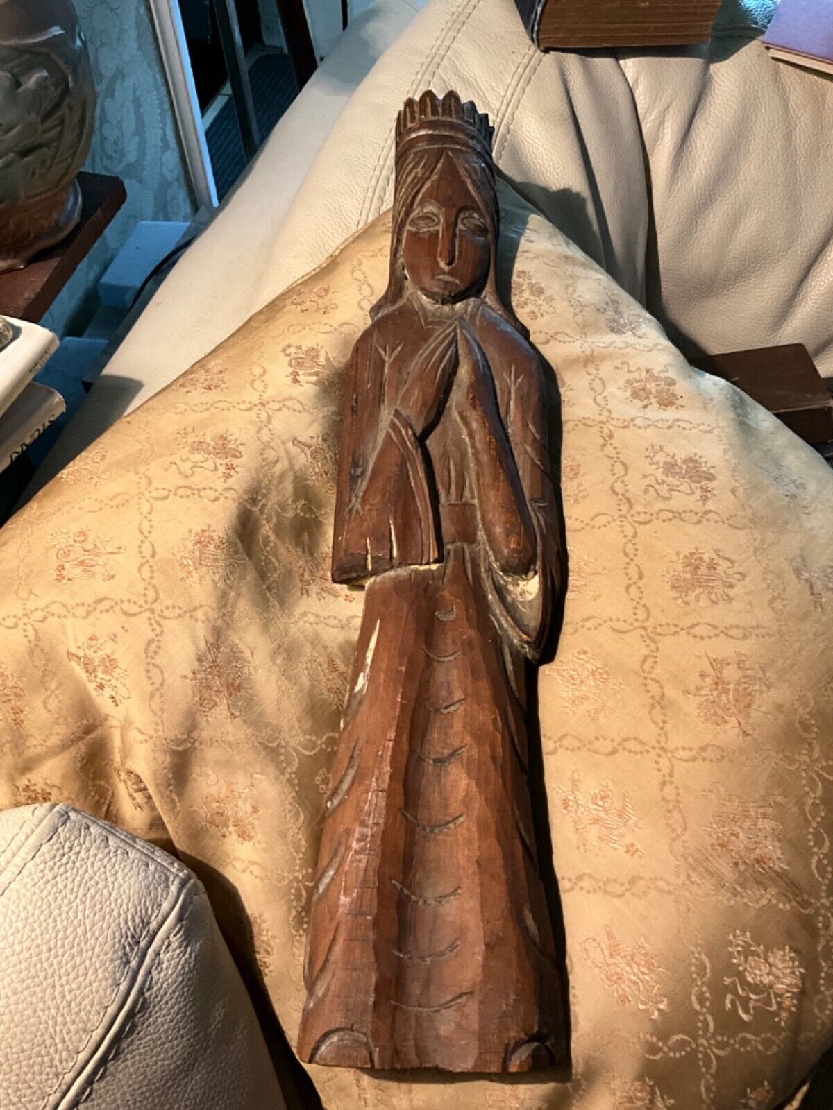 Antique tall crowned praying Wooden Woman Hand Carved Statue Religious Art