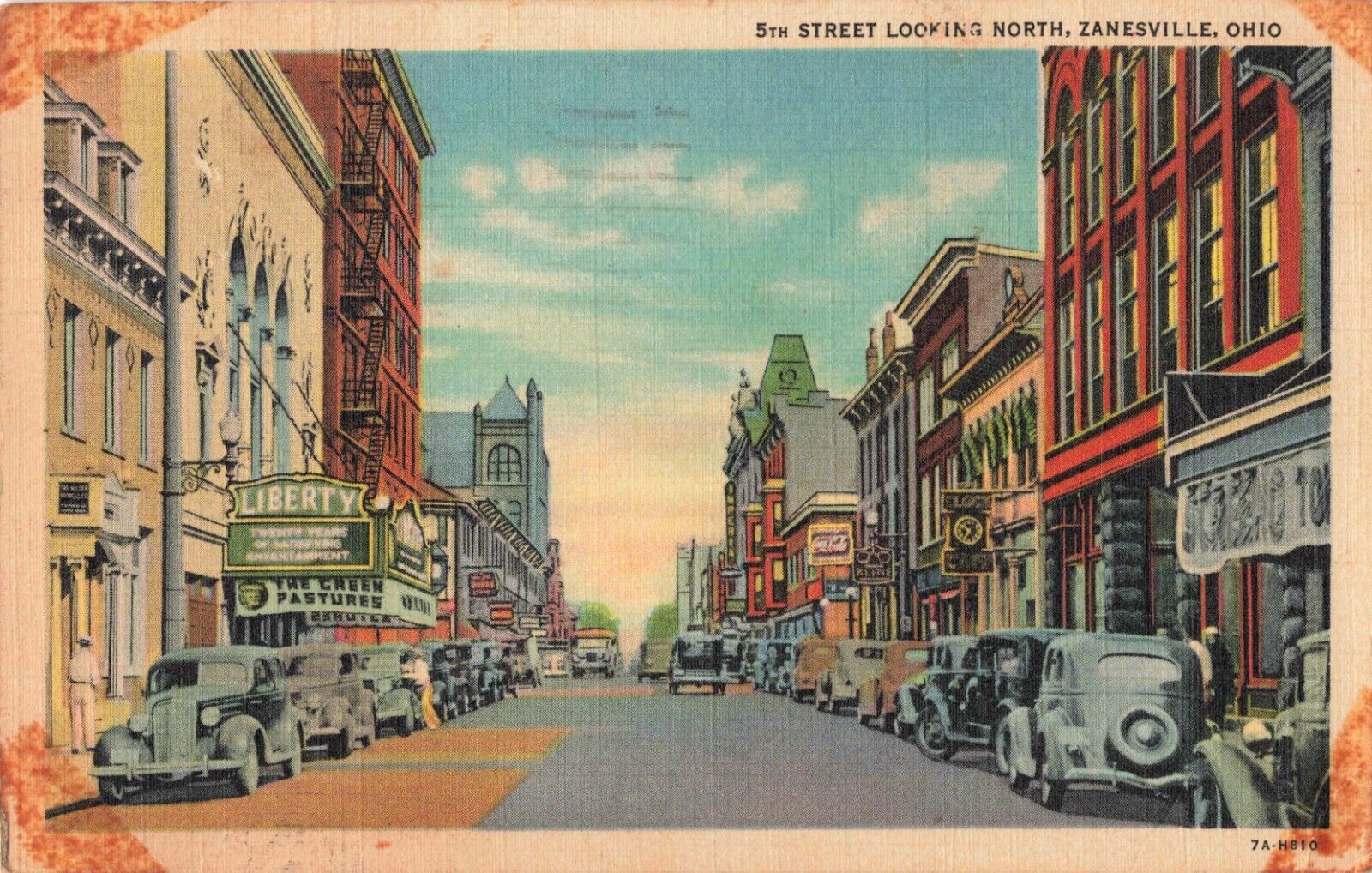 Zanesville OH Ohio, 5th Street View, Old Cars Shops Coca Cola Sign, VTG Postcard