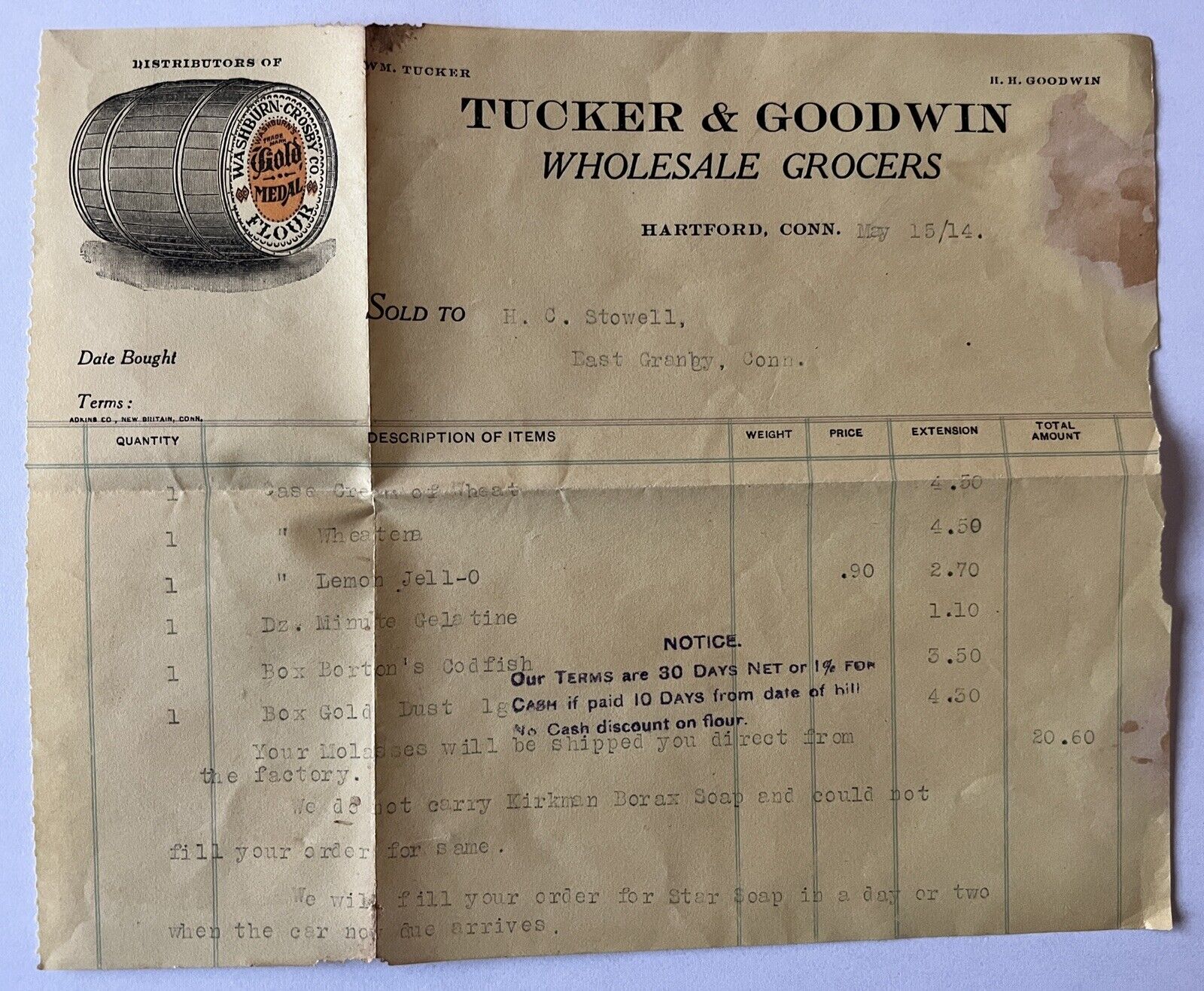 RARE 1914 TUCKER & GOODWIN GROCERS CT. RECEIPT JELLO, GOLD MEDAL FLOUR BARREL
