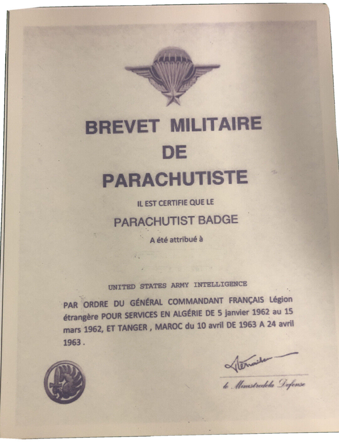 FRENCH FOREIGN LEGION 2ND REP PARACHUTE AWARD CERTIFICATE AIRBORNE BLANK