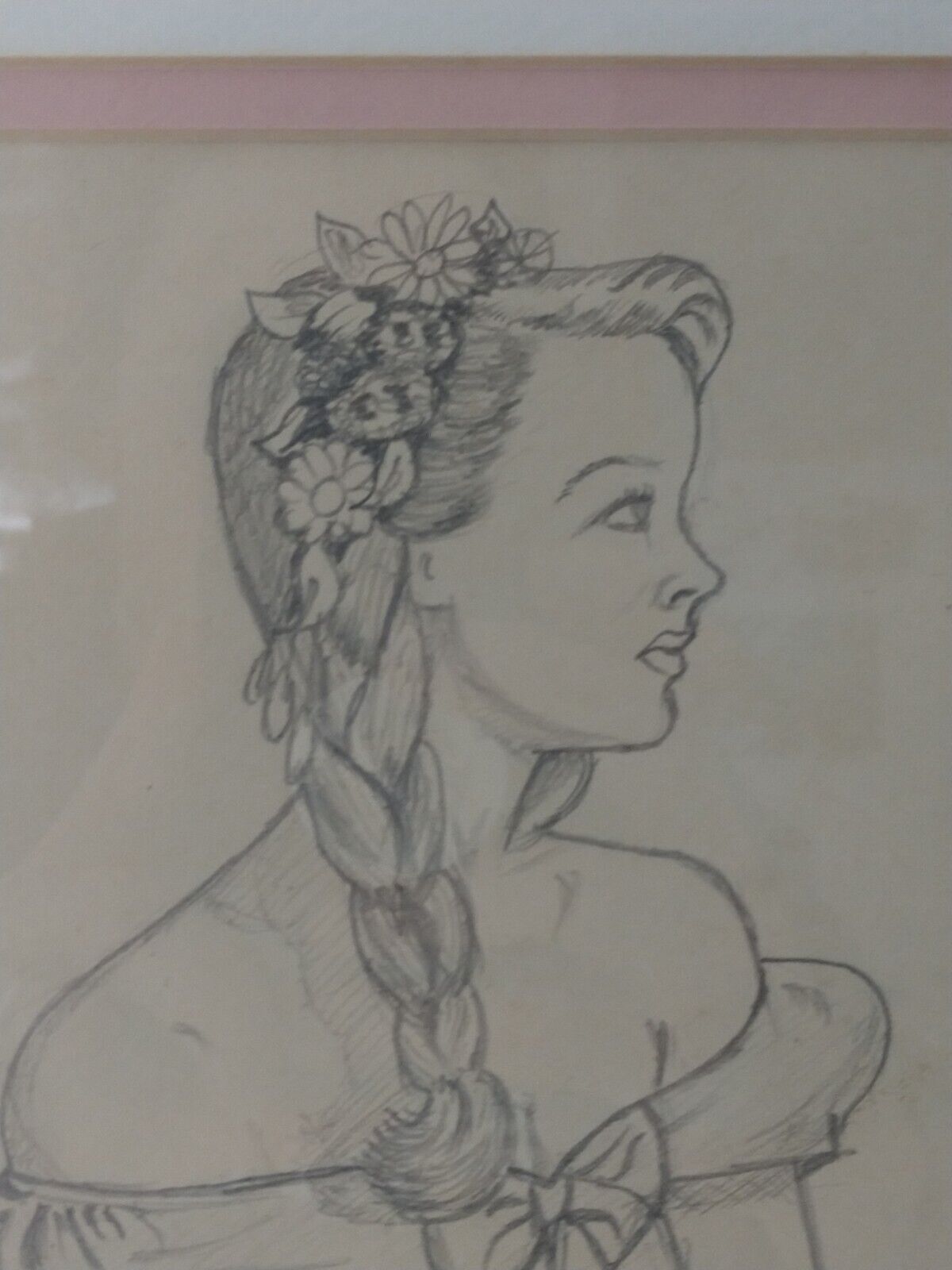 FRAMED 1944 Named Trench Art Pencil on Paper of a Young Lady USN WWII Framed