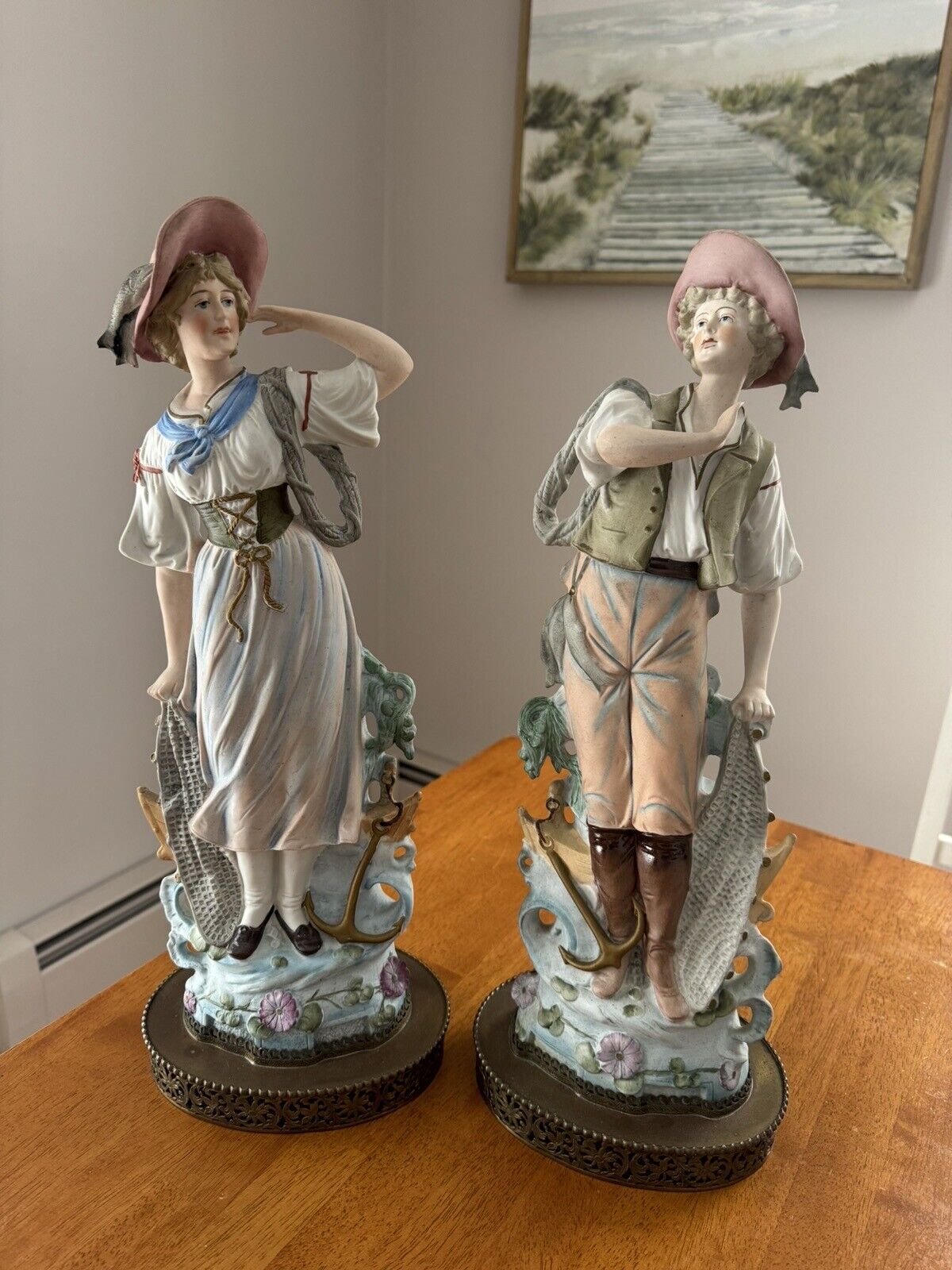 Vintage KALK Porcelain Figures With Brass Base. Fisherman And Woman