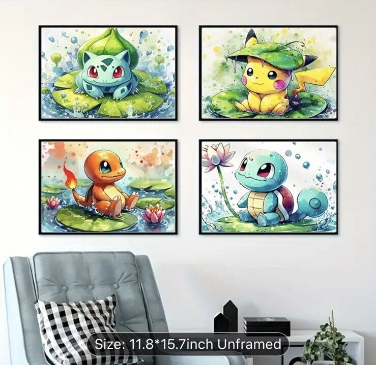 4 Pc Set Pokémon Portraits Pikachu & Gang. Canvas Art Anime. 12 x 16 Inches.