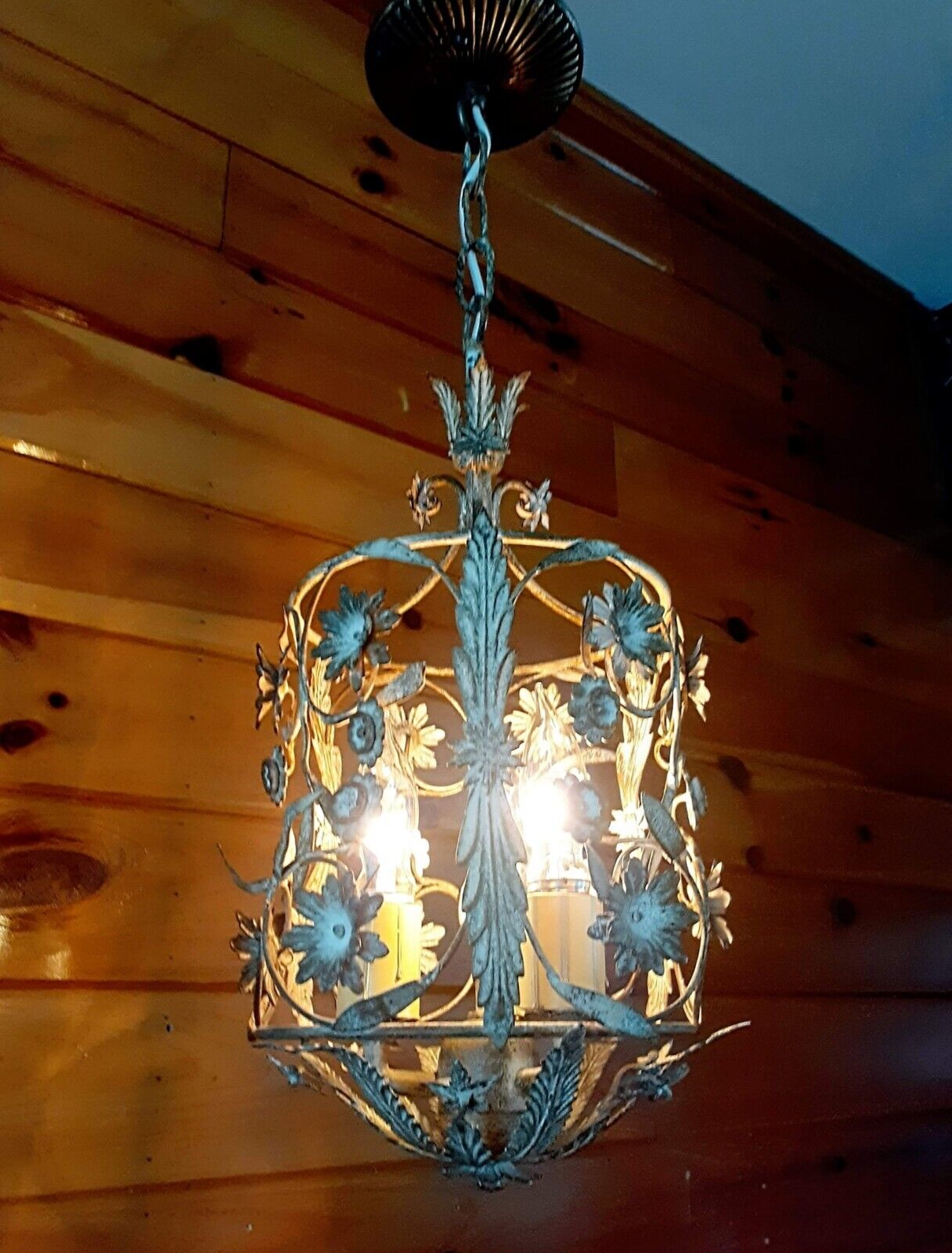 Vintage 1960\'s Italian Cage Style Toleware Tole Floral Hanging Light Fixture