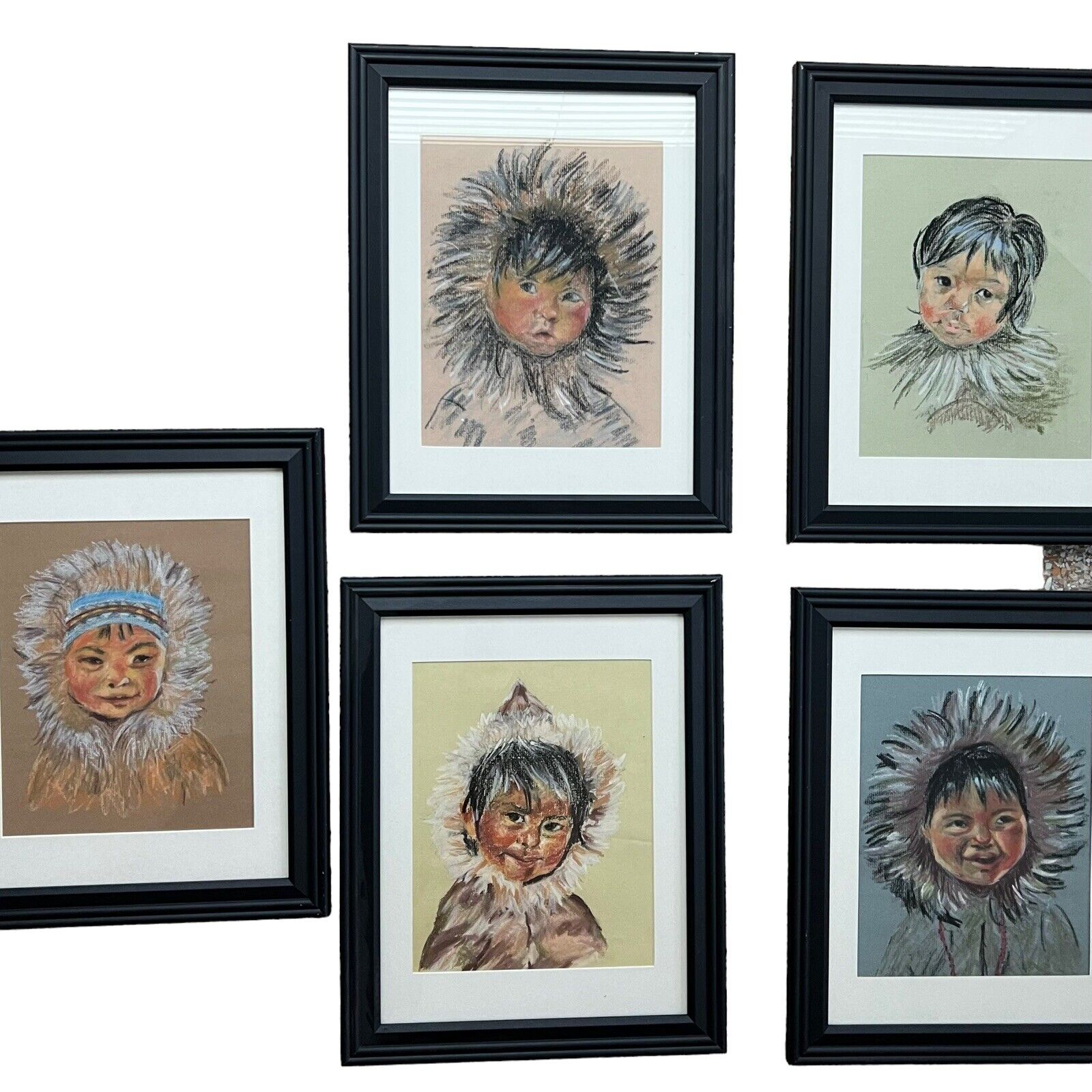 Vintage Native American Children Portraits Pastels Lot of 5 Unsigned