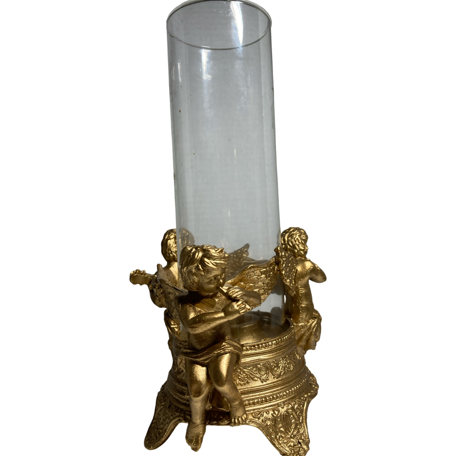Classic Elegant Golden Cherubs Hurricane Candle Holder.