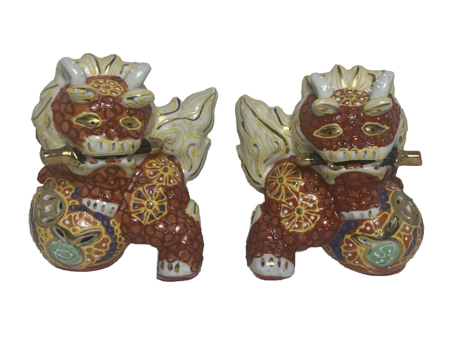 Vtg Kutani Foo Dog Dragon Figurines Moriage Guardian 5” Sculpture Red Gold