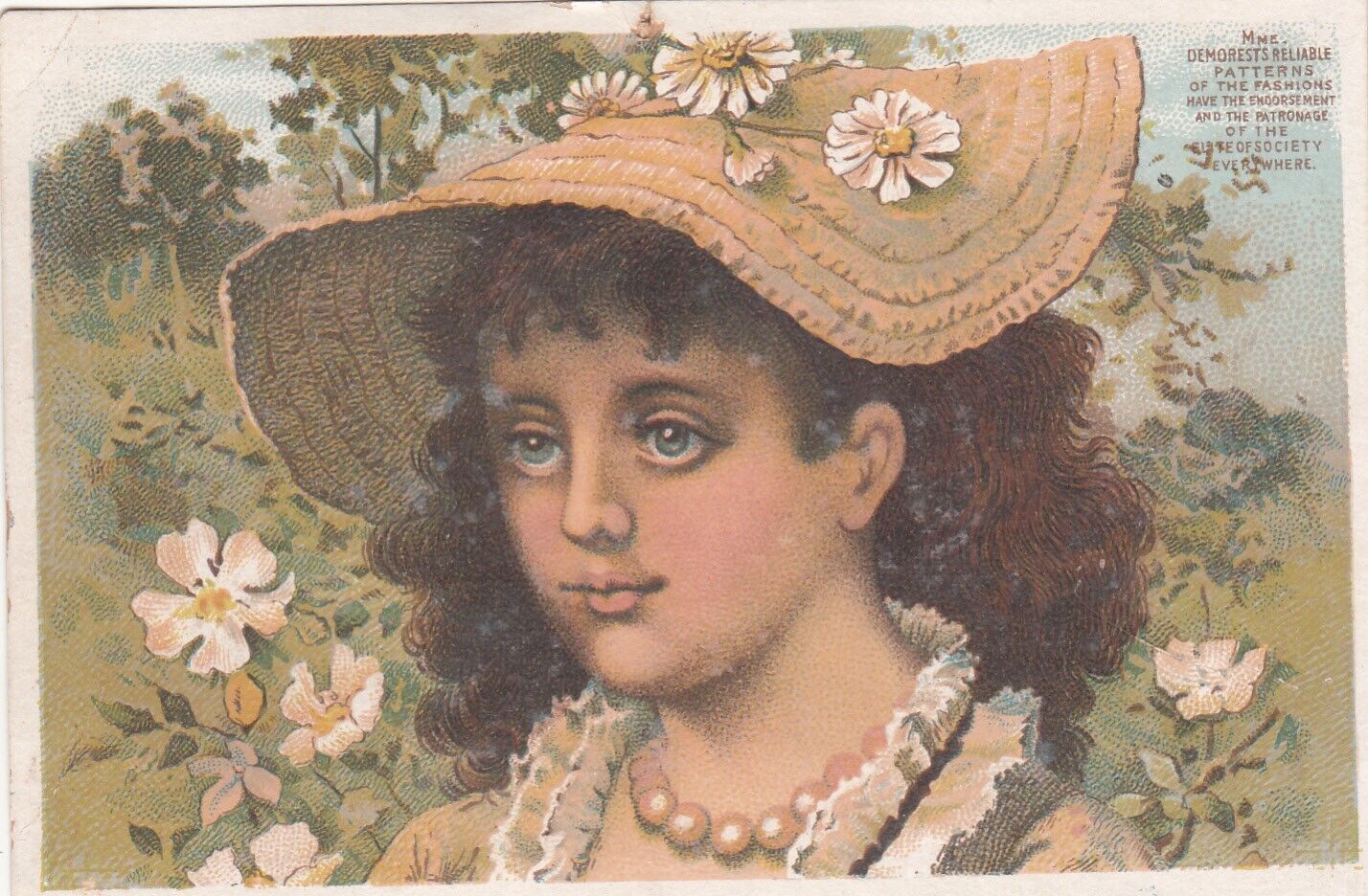 Demorest Reliable Patterns Girl with Floppy Straw Hat Daisies Vict Card c1880s