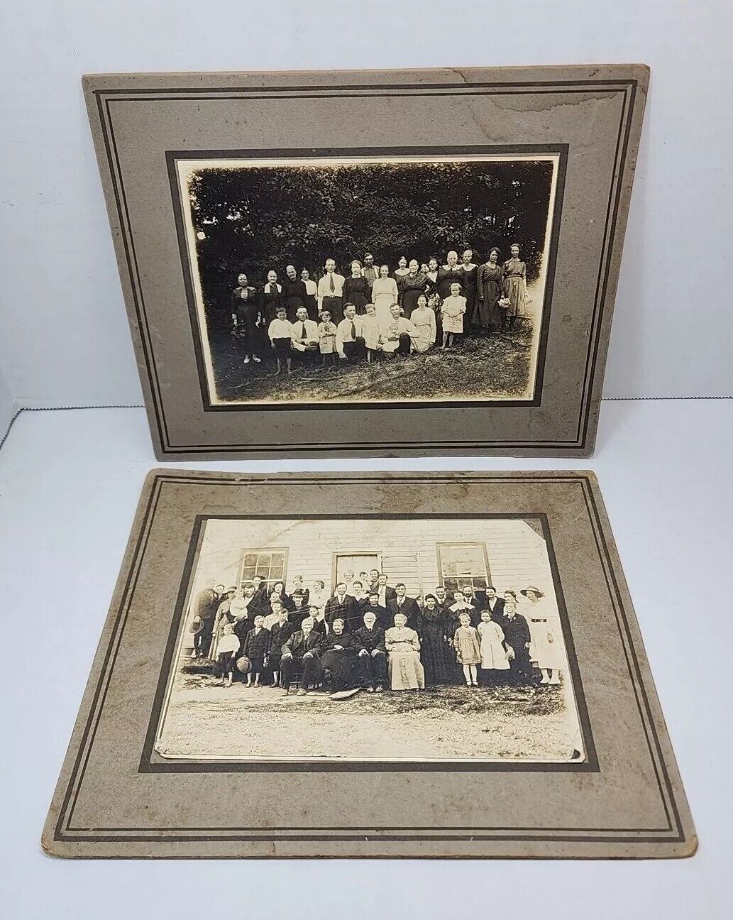 2 Antique Cabinet Card Group Photo Family Reunion Men Women Early 1900s 8x10 Vtg