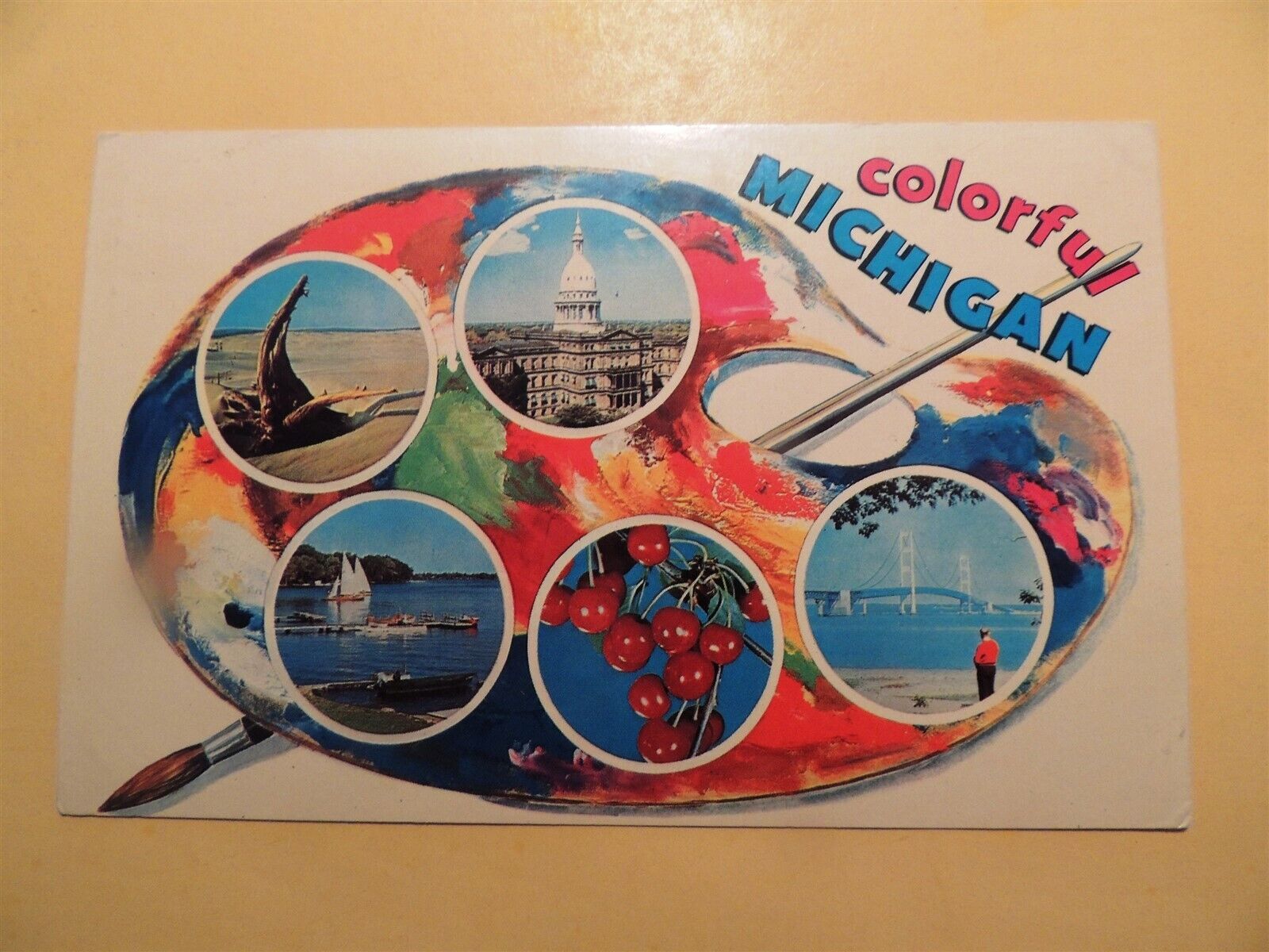 Colorful Michigan vintage postcard artist palette views 1963