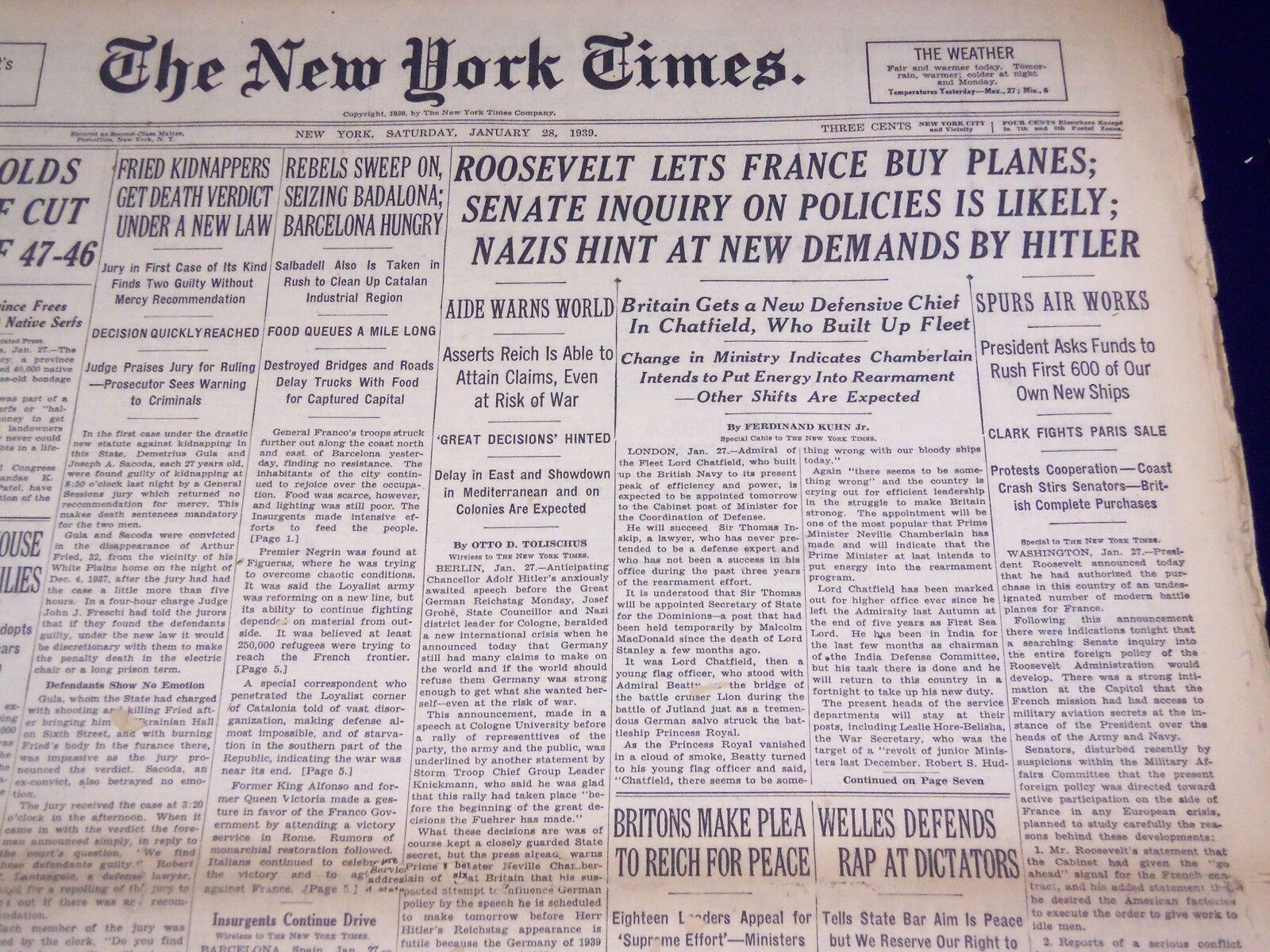 1939 JAN 28 NEW YORK TIMES - NAZIS HINT AT NEW DEMANDS BY HITLER - NT 1399