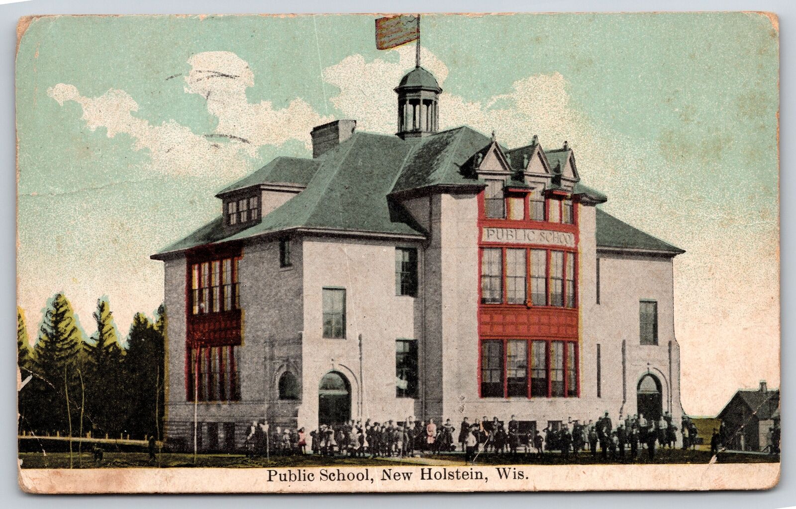 New Holstein Wisconsin~Public School~Students in Front~1911 Postcard