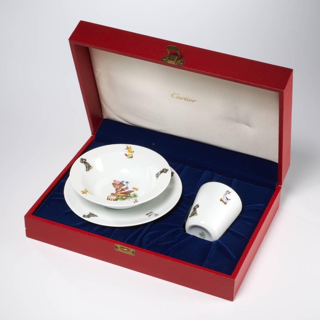 Cartier Presentation LEC Limoges Porcelain Animals Childs Set Cup Bowl Plate