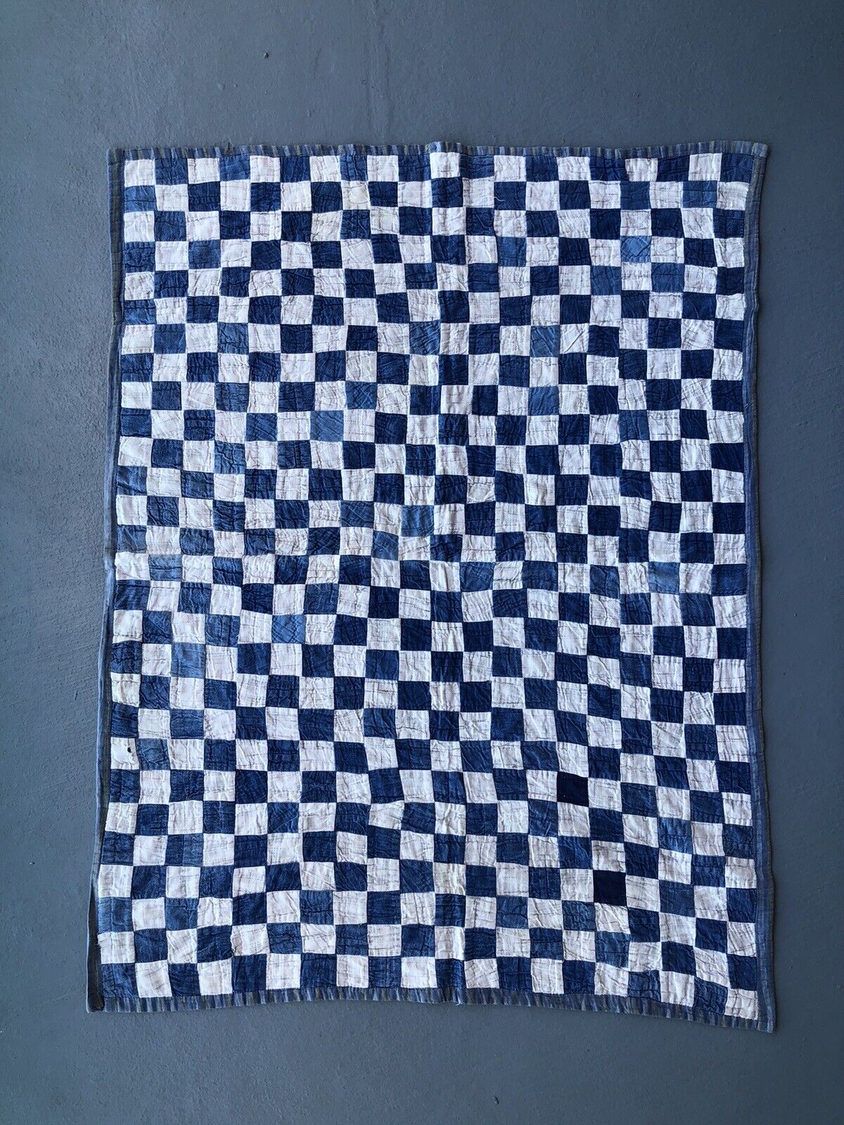 Antique Vintage Indigo Blue Checkerboard Quilt Hand Stitched