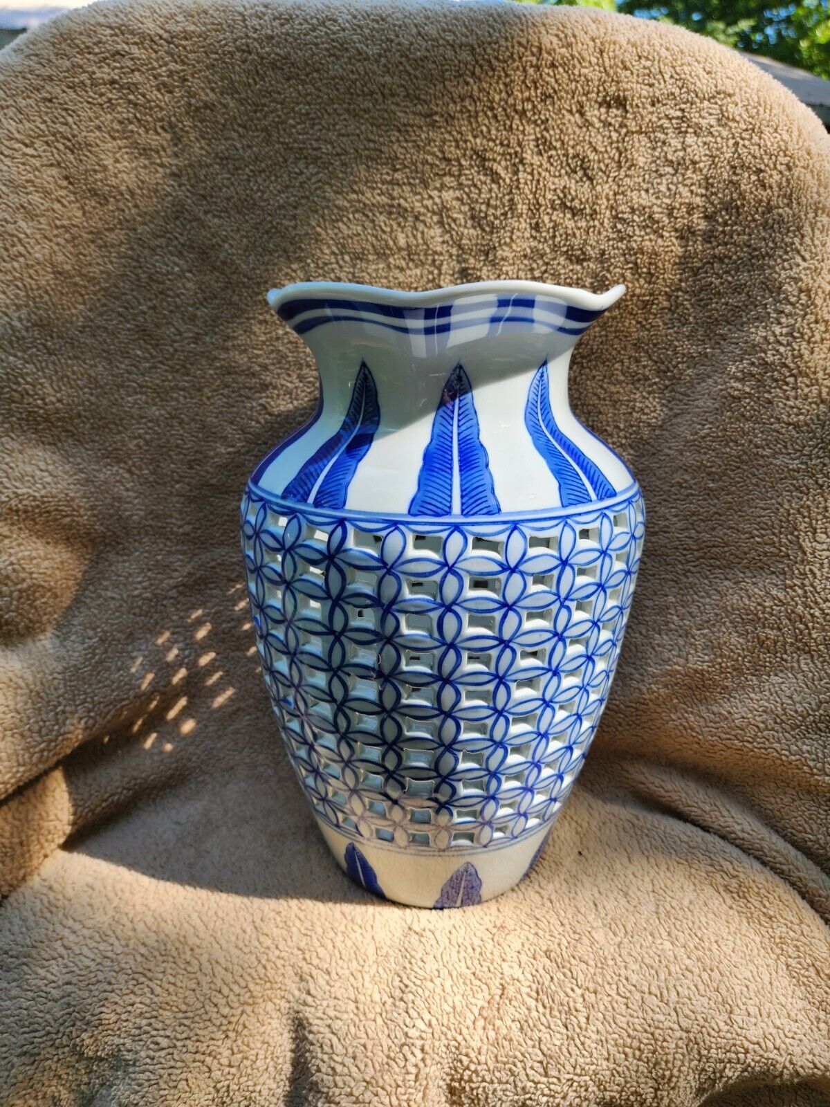 Vintage Chinese Vase Blue & White Lattice Cutout Porcelain 11 1/4” x 7\