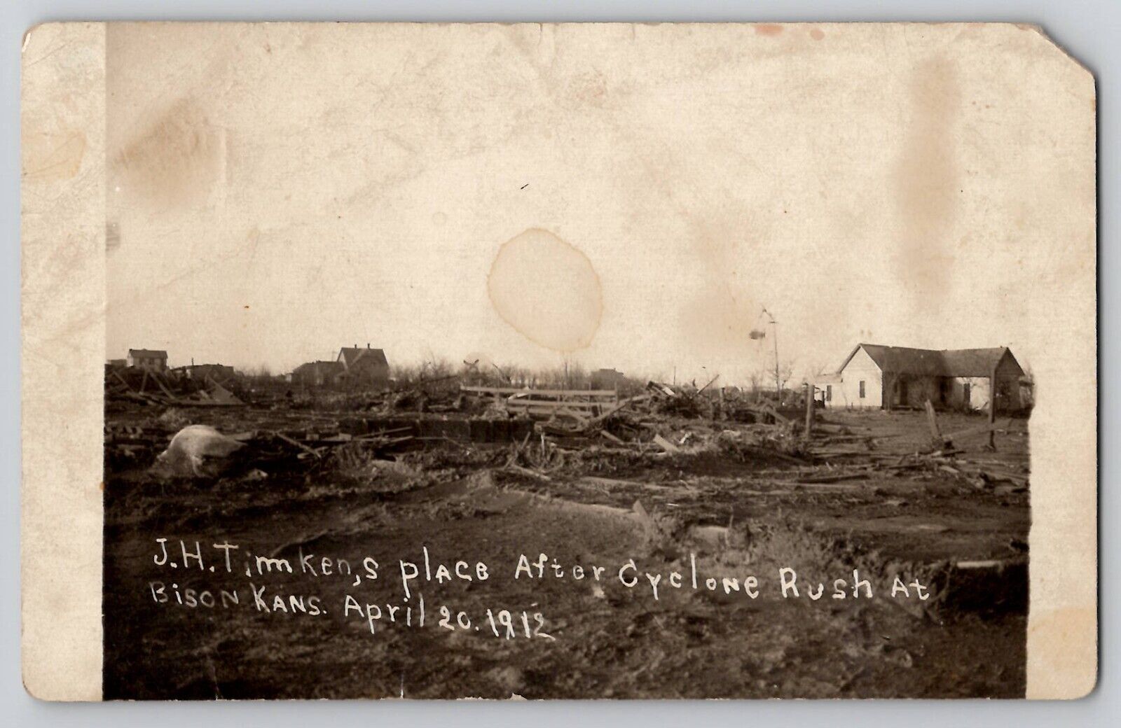 1912 Timkens Place Cyclone Tornado Bison Rush County KS RPPC Real Photo Postcard