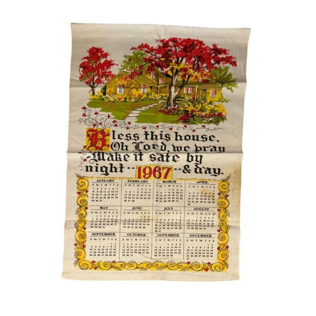 Vintage 1967 Cloth Wall Hanging Calendar  Bless this House Oh Lord