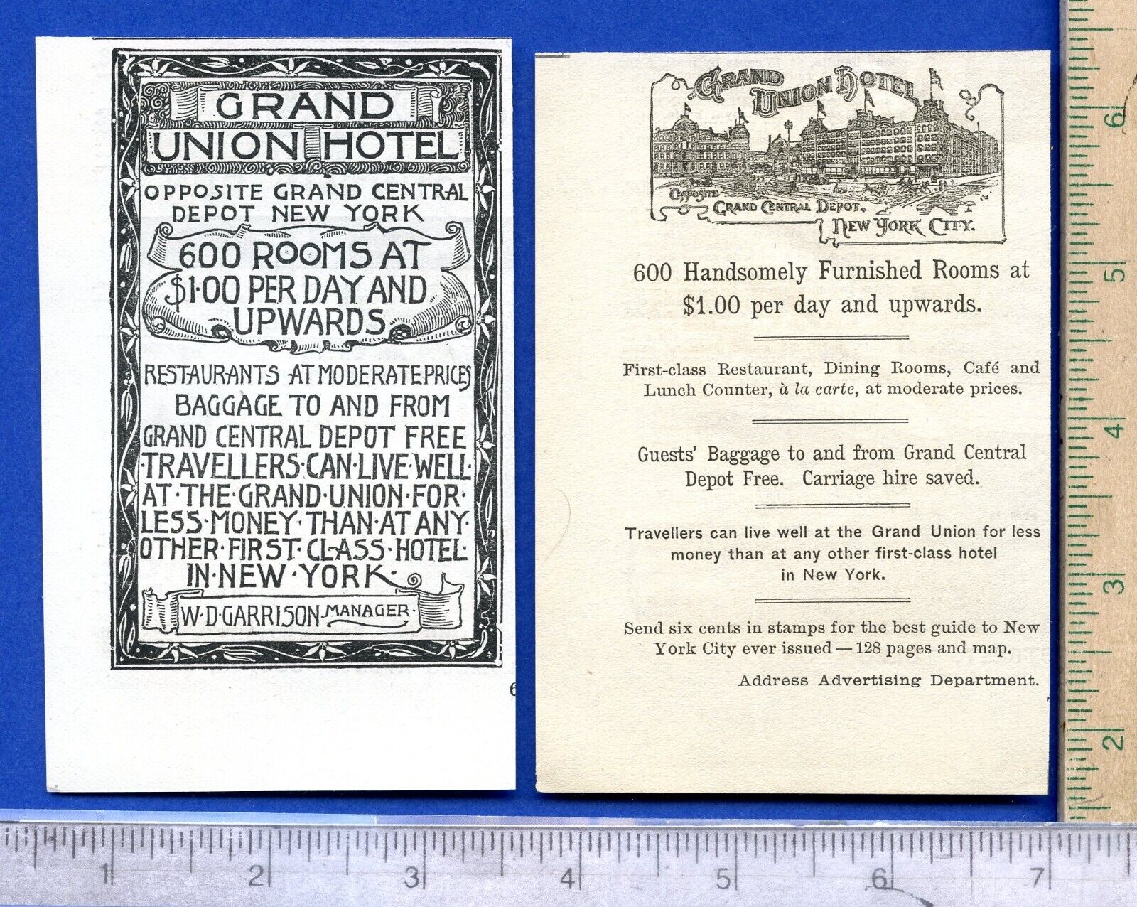TWO orig antique (1887 & 1889) Print ads for the Grand Union Hotel New York City
