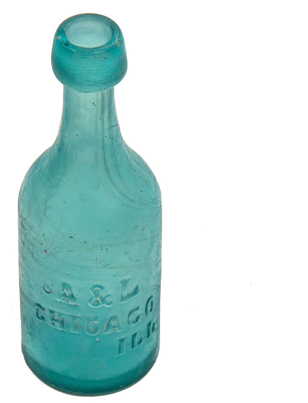 IP teal blue glass soda bottle for chicago bottlers ainsworth  and lomax