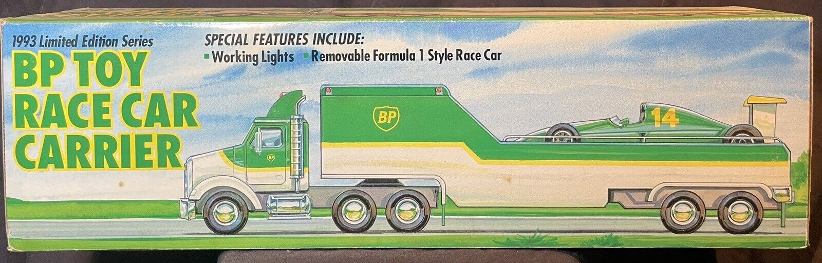 NEW 1993 Vintage BP Toy Race Car Carrier Truck & Indy Racer #14 F1 Formula One