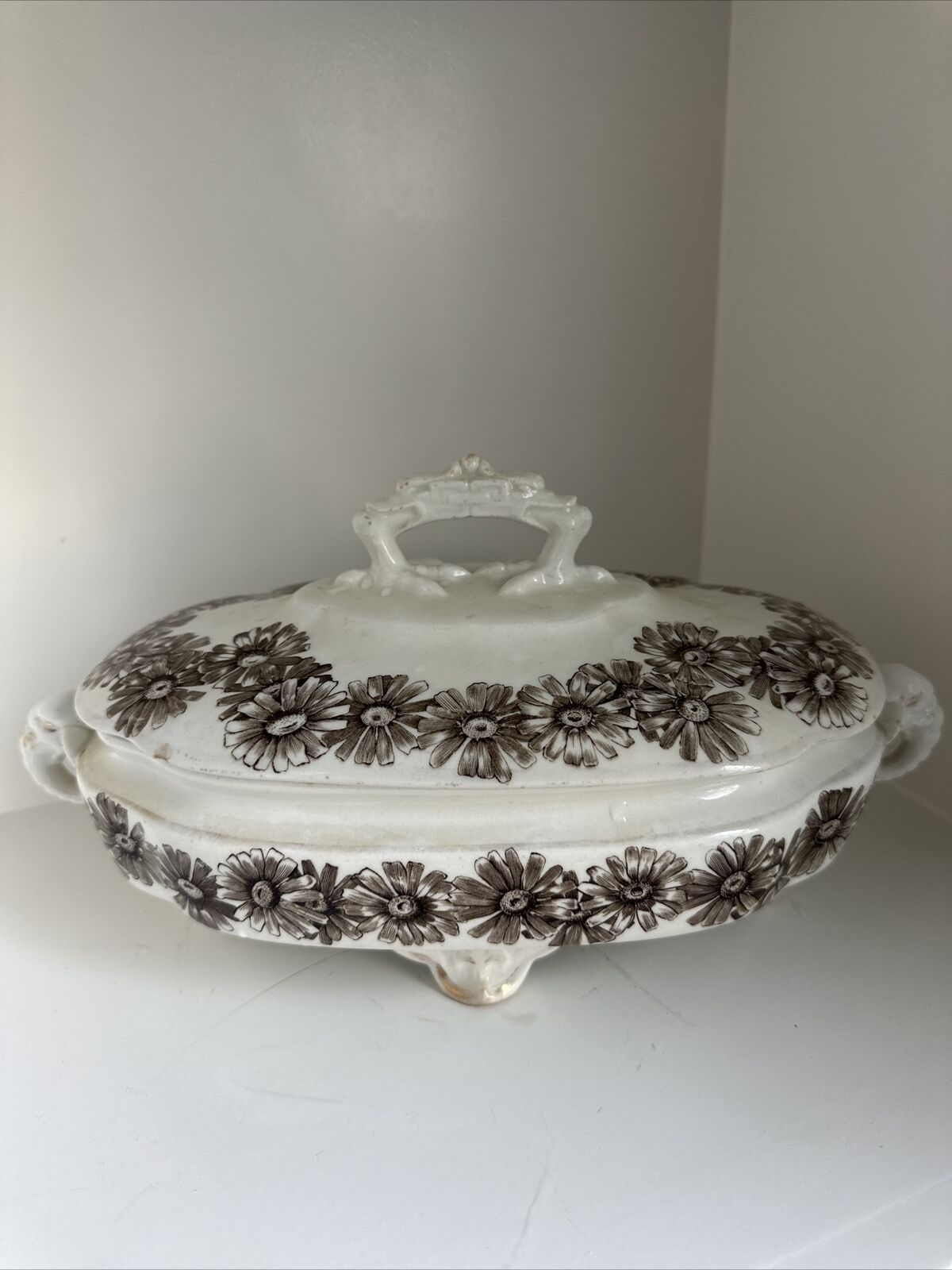 Antique 1883 Royal Worcester Brown Ivy Elephant Porcelain Tureen Footed Bowl Lid