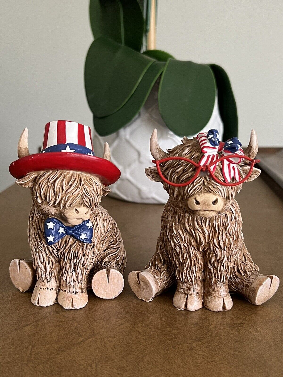 Highland Cow Figurine Farmhouse Patriotic 4th Of July Table Decor Set Gift Idea